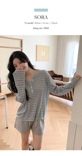 Rohet Round Henley Neck Button Striped Long Sleeve Knit