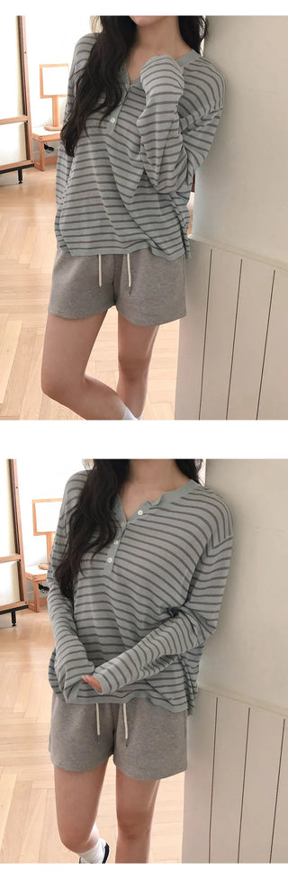 Rohet Round Henley Neck Button Striped Long Sleeve Knit