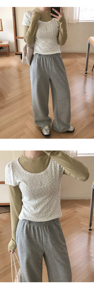 Metzdin U neck Flower Puff Sleeve Short Sleeve T shirt