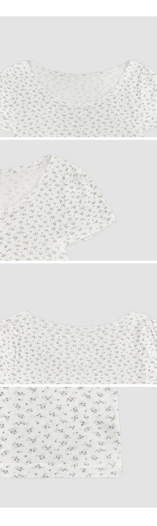 Metzdin U neck Flower Puff Sleeve Short Sleeve T shirt