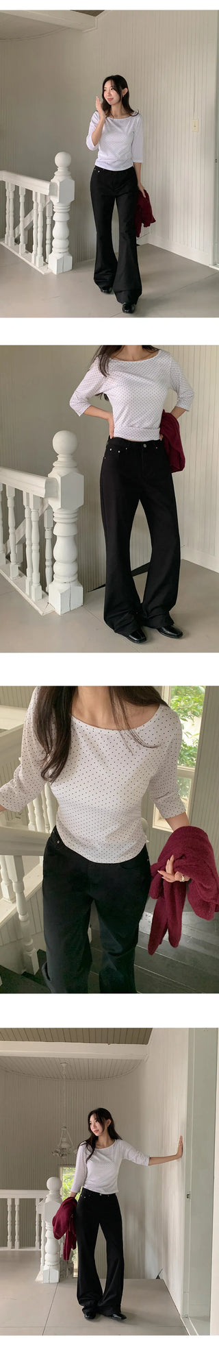 Deep & Boat Neck Dot 3/4 Sleeve T shirt