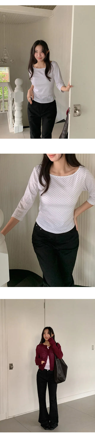 Deep & Boat Neck Dot 3/4 Sleeve T shirt