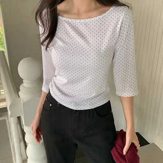 Deep & Boat Neck Dot 3/4 Sleeve T shirt