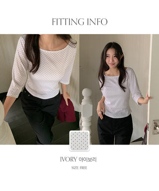Deep & Boat Neck Dot 3/4 Sleeve T shirt