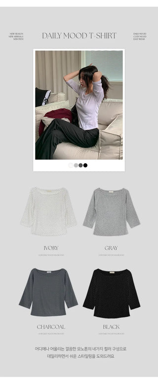 Deep & Boat Neck Dot 3/4 Sleeve T shirt