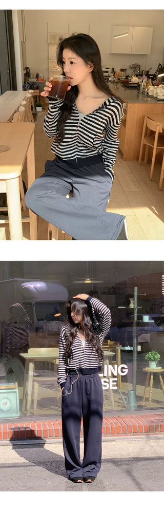Yuzuren Striped Knit Hoodie Crop Zip up