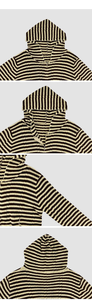 Yuzuren Striped Knit Hoodie Crop Zip up