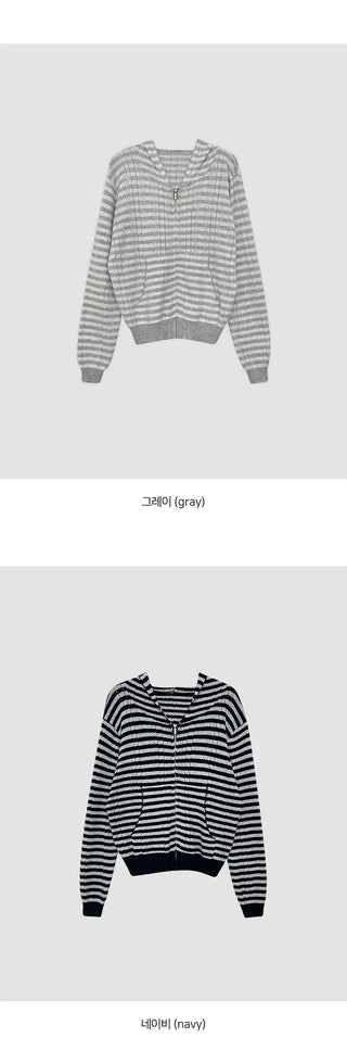Yuzuren Striped Knit Hoodie Crop Zip up