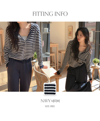 Yuzuren Striped Knit Hoodie Crop Zip up