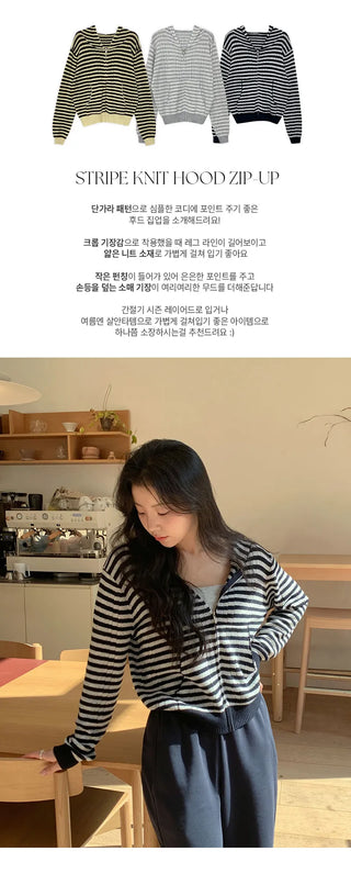 Yuzuren Striped Knit Hoodie Crop Zip up