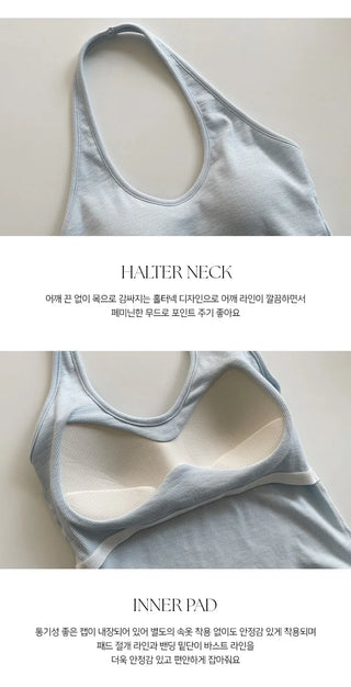 Renod Ribbed Halter Neck Sleeveless Top with Built in Cap