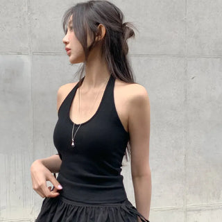 Renod Ribbed Halter Neck Sleeveless Top with Built in Cap