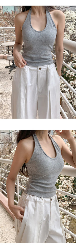 Renod Ribbed Halter Neck Sleeveless Top with Built in Cap