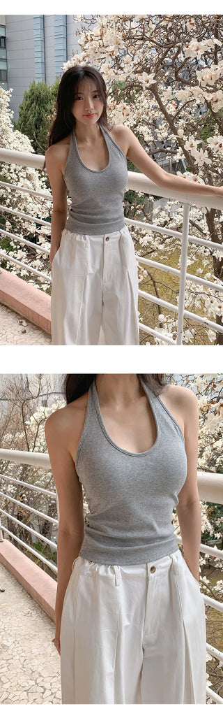 Renod Ribbed Halter Neck Sleeveless Top with Built in Cap