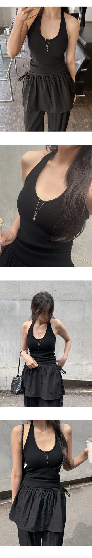 Renod Ribbed Halter Neck Sleeveless Top with Built in Cap