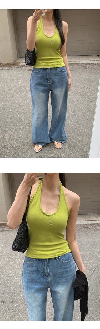 Renod Ribbed Halter Neck Sleeveless Top with Built in Cap