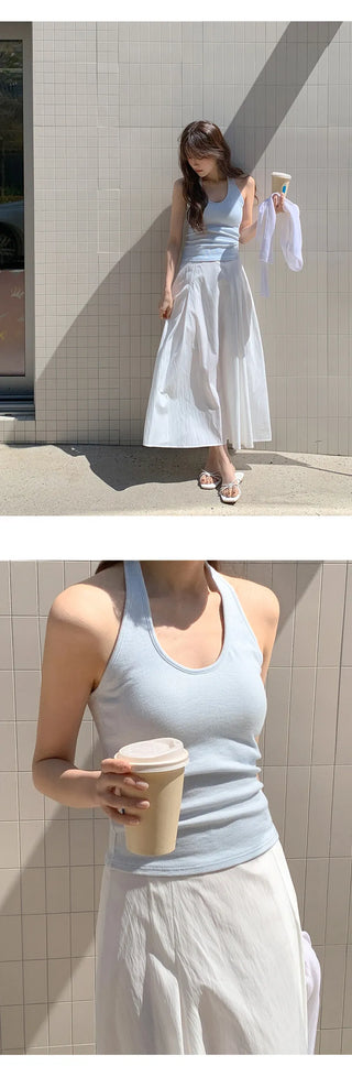 Renod Ribbed Halter Neck Sleeveless Top with Built in Cap