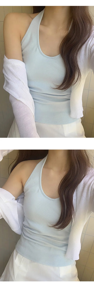 Renod Ribbed Halter Neck Sleeveless Top with Built in Cap