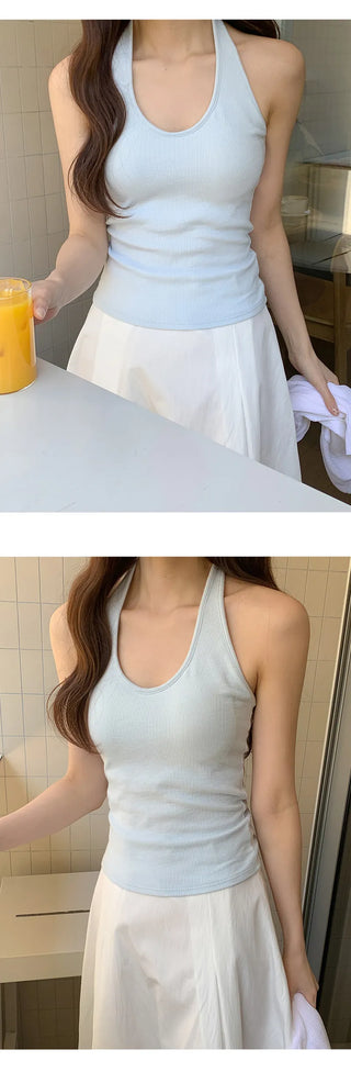 Renod Ribbed Halter Neck Sleeveless Top with Built in Cap