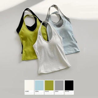 Renod Ribbed Halter Neck Sleeveless Top with Built in Cap