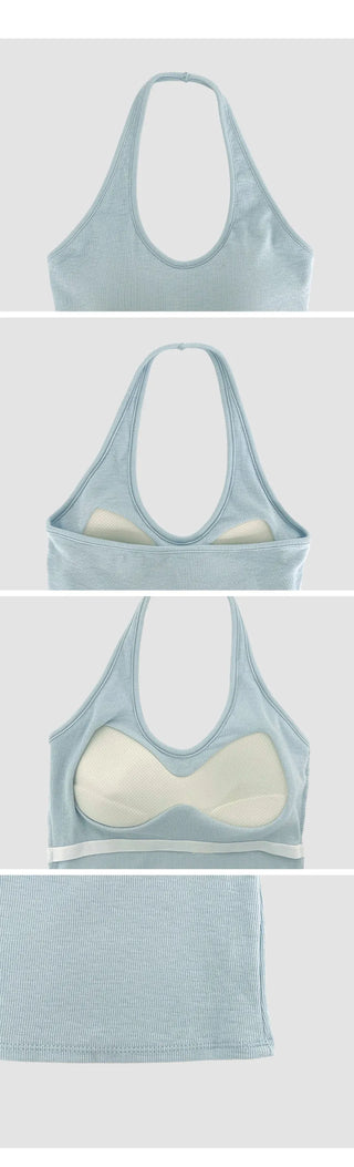 Renod Ribbed Halter Neck Sleeveless Top with Built in Cap