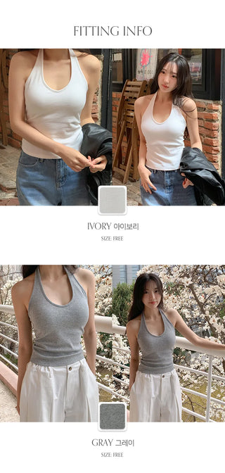 Renod Ribbed Halter Neck Sleeveless Top with Built in Cap