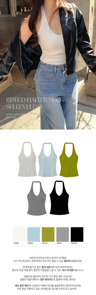 Renod Ribbed Halter Neck Sleeveless Top with Built in Cap