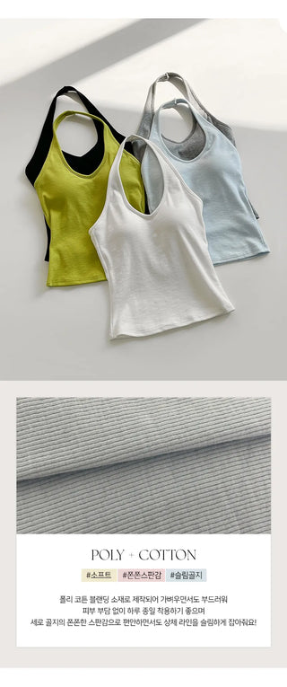 Renod Ribbed Halter Neck Sleeveless Top with Built in Cap
