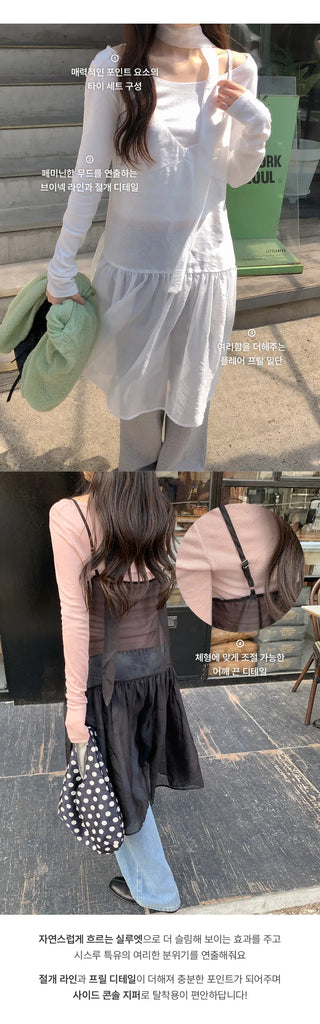 Trean See through Cutout Frill Bustier Layered Dress Tie Set