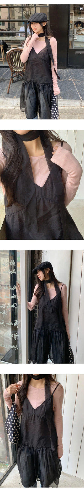 Trean See through Cutout Frill Bustier Layered Dress Tie Set