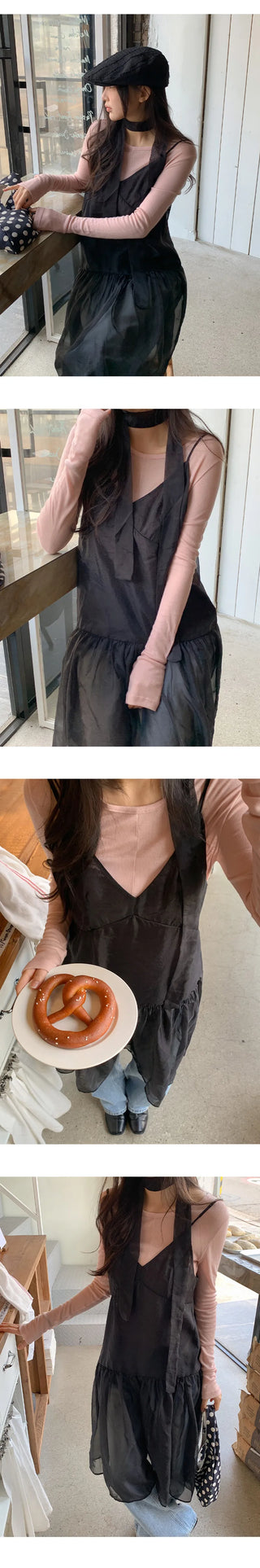 Trean See through Cutout Frill Bustier Layered Dress Tie Set