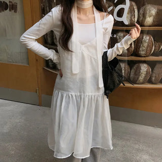 Trean See through Cutout Frill Bustier Layered Dress Tie Set