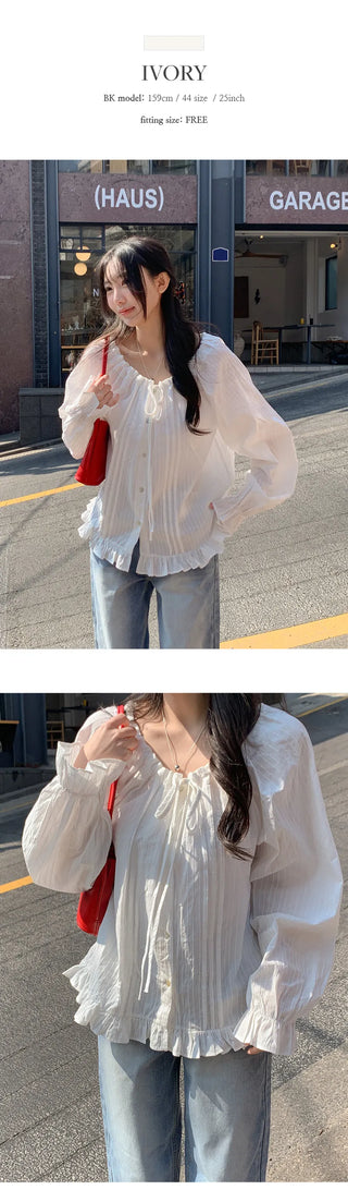 Loetta Frill Stripe Pintuck String Blouse