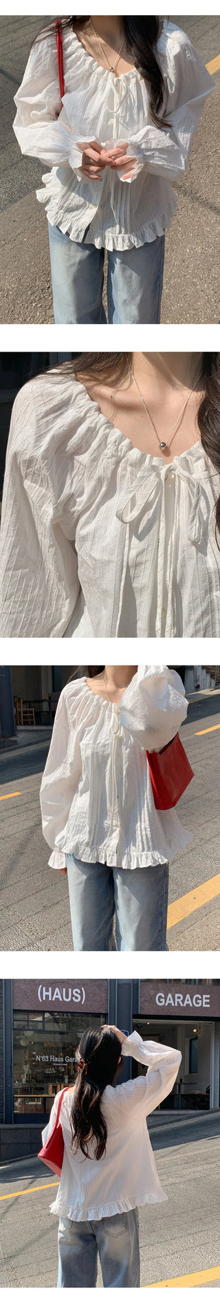 Loetta Frill Stripe Pintuck String Blouse