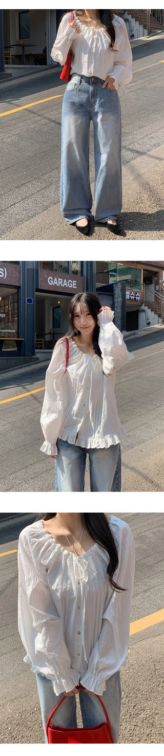 Loetta Frill Stripe Pintuck String Blouse