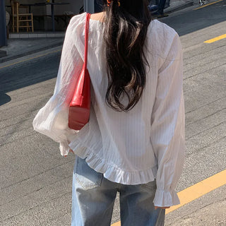 Loetta Frill Stripe Pintuck String Blouse