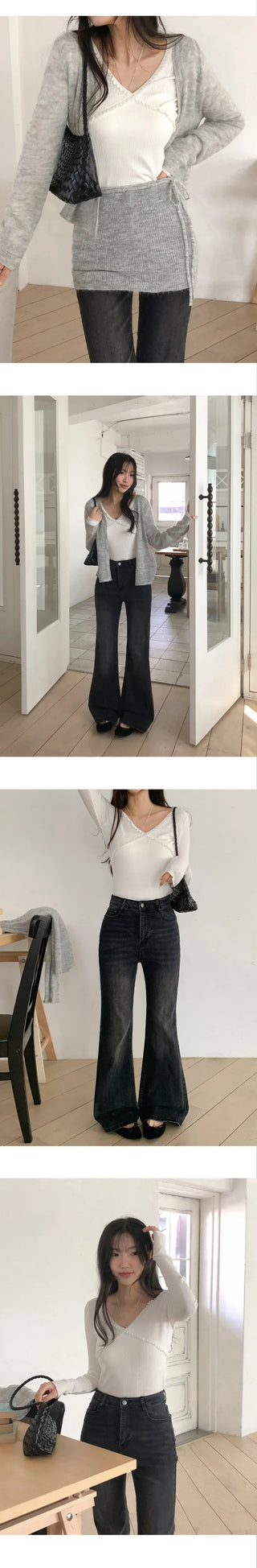 Firenb Ribbed Lace V Neck Slim Fit Long Sleeve T Shirt