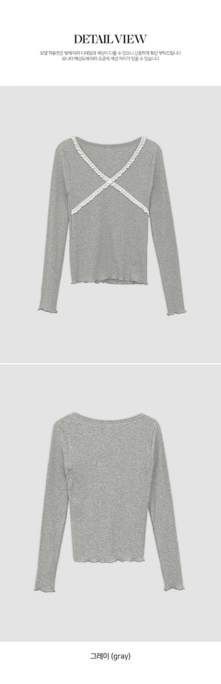 Firenb Ribbed Lace V Neck Slim Fit Long Sleeve T Shirt