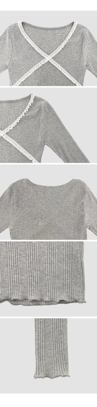 Firenb Ribbed Lace V Neck Slim Fit Long Sleeve T Shirt