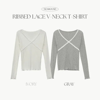 Firenb Ribbed Lace V Neck Slim Fit Long Sleeve T Shirt
