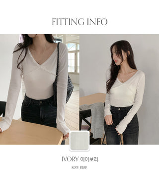 Firenb Ribbed Lace V Neck Slim Fit Long Sleeve T Shirt