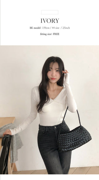 Firenb Ribbed Lace V Neck Slim Fit Long Sleeve T Shirt