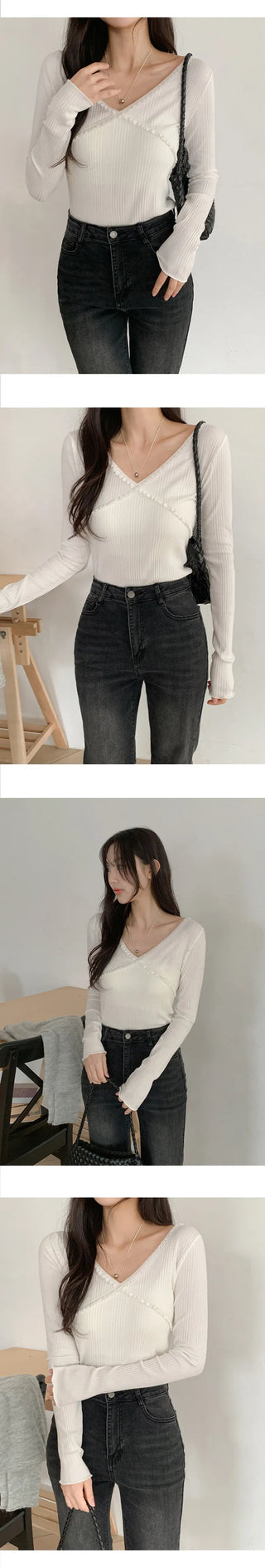 Firenb Ribbed Lace V Neck Slim Fit Long Sleeve T Shirt