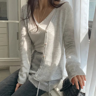 Mircorn V neck Long sleeve Knit Cardigan and String Skirt Set