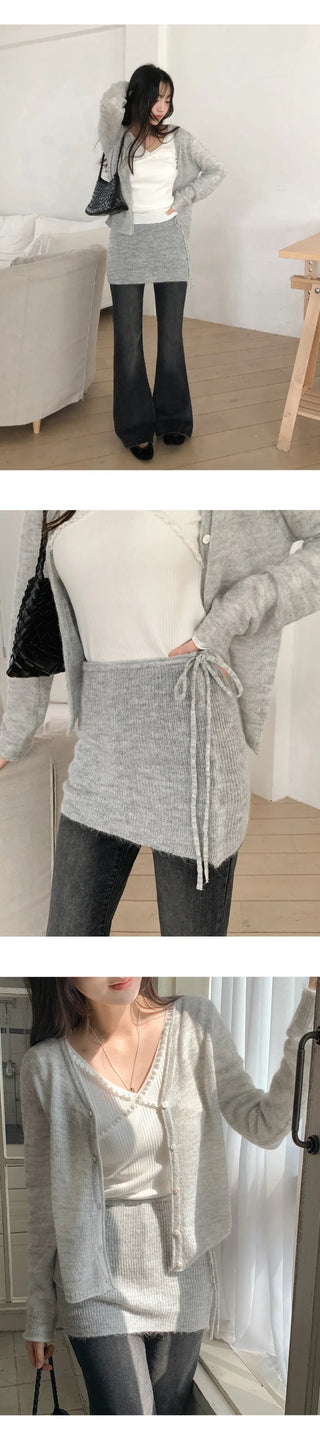 Mircorn V neck Long sleeve Knit Cardigan and String Skirt Set
