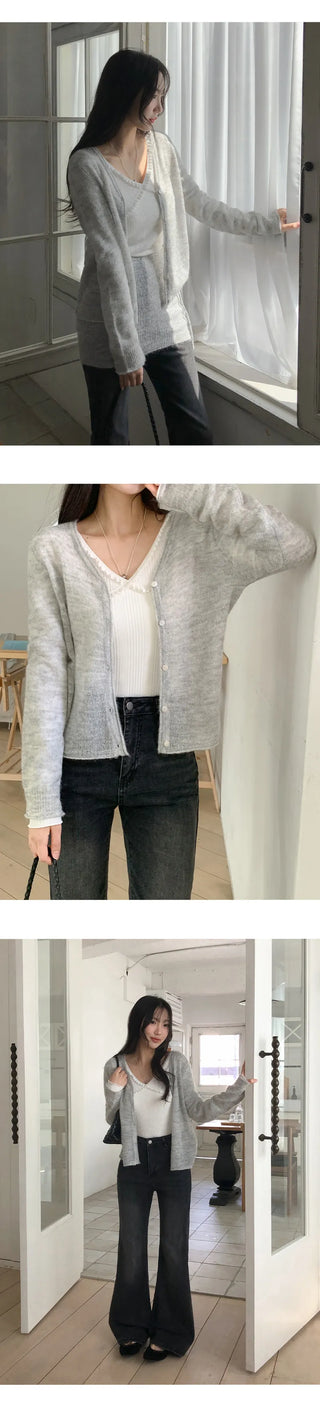 Mircorn V neck Long sleeve Knit Cardigan and String Skirt Set