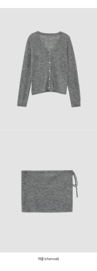 Mircorn V neck Long sleeve Knit Cardigan and String Skirt Set