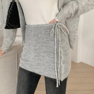 Mircorn V neck Long sleeve Knit Cardigan and String Skirt Set