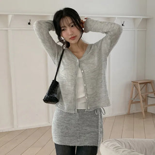 Mircorn V neck Long sleeve Knit Cardigan and String Skirt Set