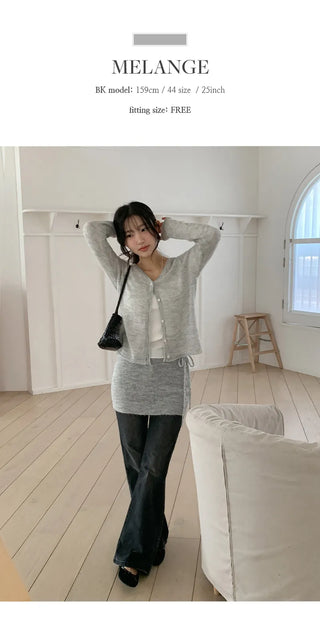 Mircorn V neck Long sleeve Knit Cardigan and String Skirt Set